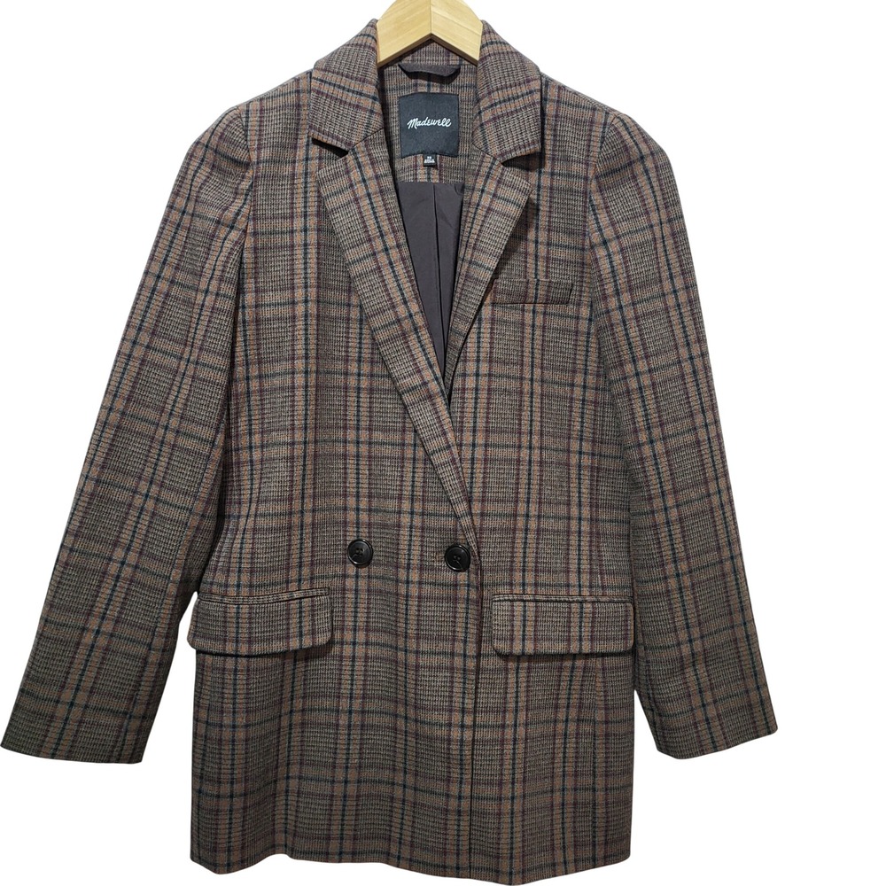 Madewell Plaid Double Breasted Blazer Jacket Brown Women's XS Made in Sri Lanka